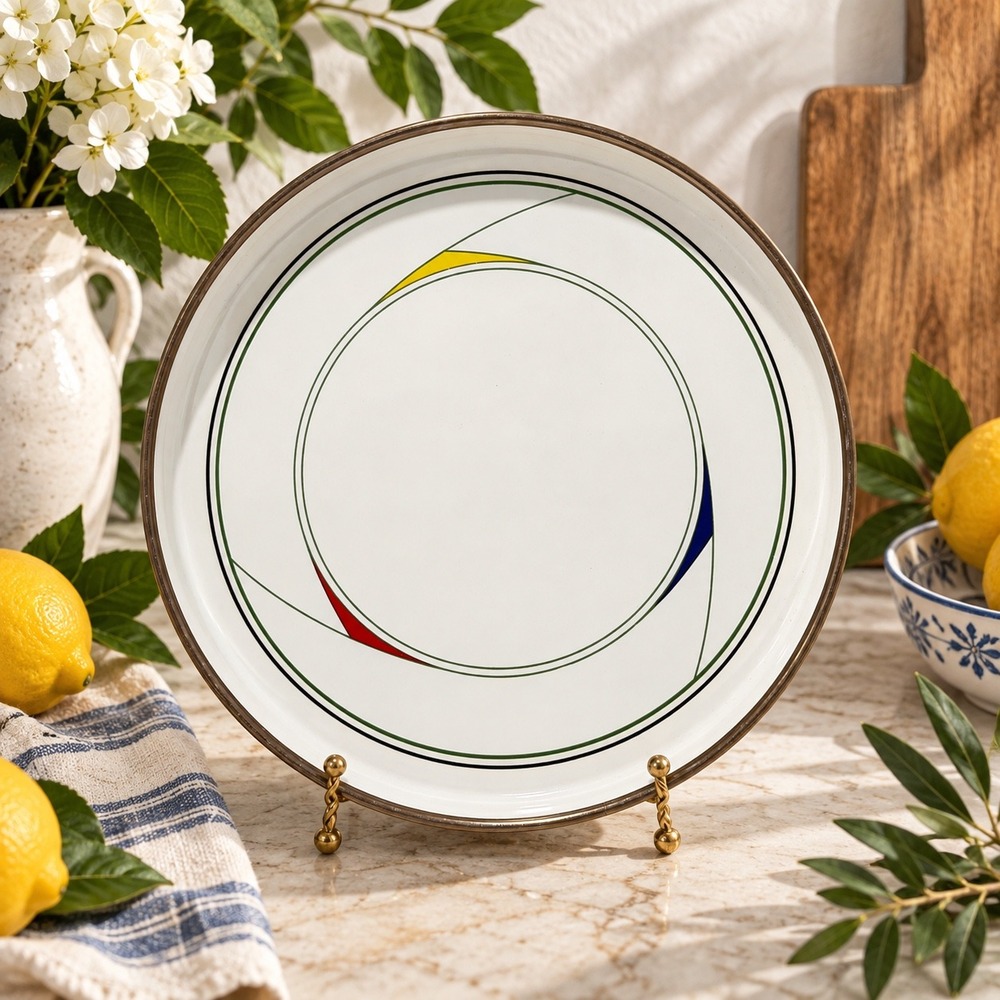 Asta Fissler Serving Platter 9.5in White MCM Bauhaus Enamel Tray Red Blue Yellow